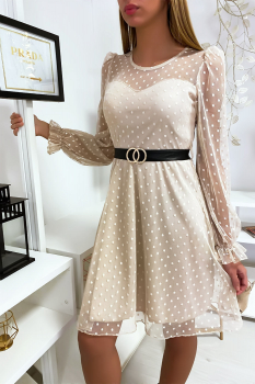 Robe bimatière manche transparente Beige