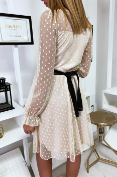 Robe bimatière manche transparente Beige