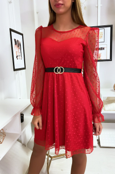 Robe bimatière manche transparente Rouge