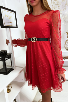 Robe bimatière manche transparente Rouge