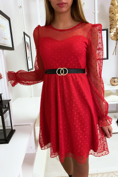 Robe bimatière manche transparente Rouge
