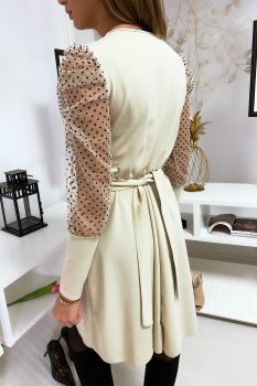Robe fourreau beige, manches en voile, poignets boutonnés