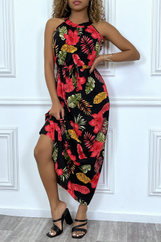 Robe longue bohême chic noire motifs fleurs rouges à col rond sans manches