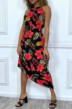 Robe longue bohême chic noire motifs fleurs rouges à col rond sans manches