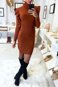 Robe moulante col roulé Cognac