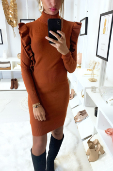 Robe moulante col roulé Cognac