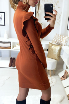 Robe moulante col roulé Cognac