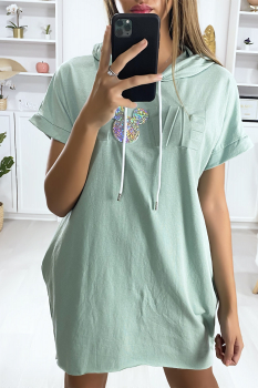 Robe sweat à capuche vert d'eau avec poche et écriture Love bombé