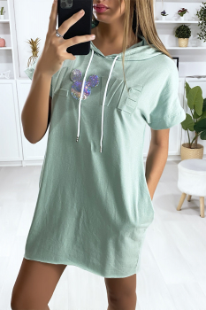 Robe sweat à capuche vert d'eau avec poche et écriture Love bombé