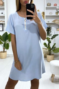 Robe tunique légère couleur turquoise zippée au col