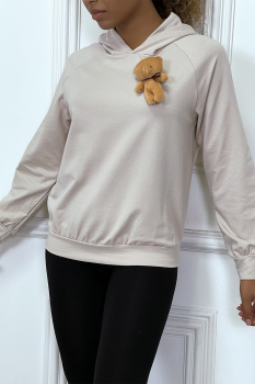 Sweat-shirt beige à capuche avec jolie pochette doudou