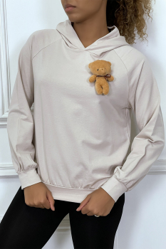 Sweat-shirt beige à capuche avec jolie pochette doudou