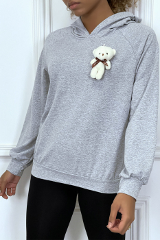 Sweat-shirt gris à capuche avec jolie pochette doudou