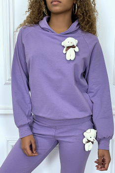 Sweat-shirt lilas à capuche avec jolie pochette doudou