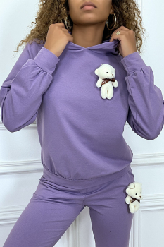 Sweat-shirt lilas à capuche avec jolie pochette doudou