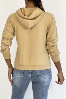 Sweater court camel-beige à capuche, imprimé SQUID GAME