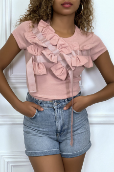 T-shirt rose manches courtes, orné de jolis noeuds