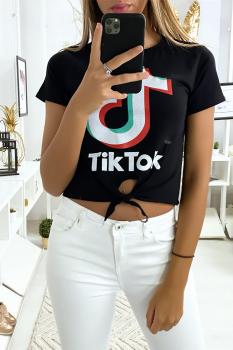 Tee shirt en coton noir avec noeud et écriture TIKTOK