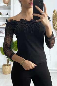Top dentelle boat neck Noir