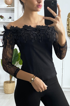 Top dentelle boat neck Noir