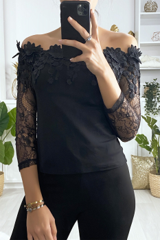 Top dentelle boat neck Noir