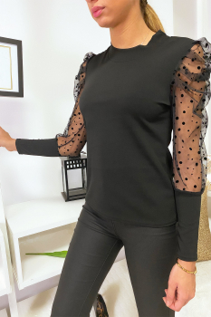 Top élégant avec manche plumetis Noir