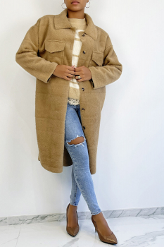 Veste 3/4 camel, type surchemise, fourrure fantaisie