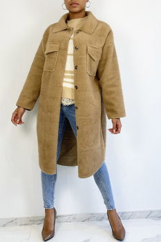 Veste 3/4 camel, type surchemise, fourrure fantaisie