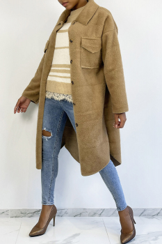 Veste 3/4 camel, type surchemise, fourrure fantaisie