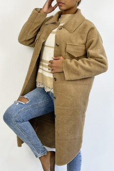 Veste 3/4 camel, type surchemise, fourrure fantaisie