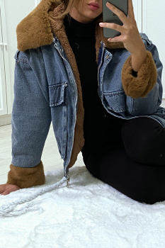 Veste blue jeans, col et capuche et poignets en fourrure fantaisie camel