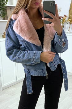 Veste courte jean Denim bleu, col en fourrure fantaisie rose
