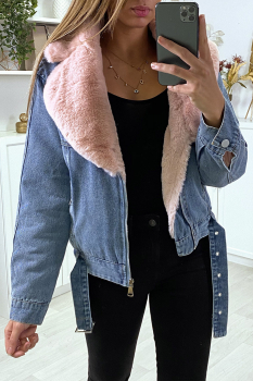 Veste courte jean Denim bleu, col en fourrure fantaisie rose