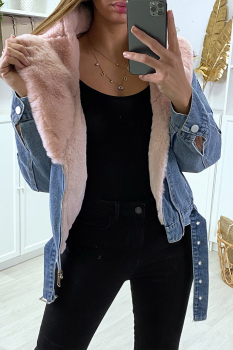 Veste courte jean Denim bleu, col en fourrure fantaisie rose