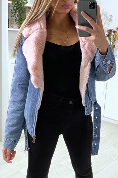 Veste courte jean Denim bleu, col en fourrure fantaisie rose