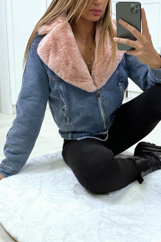 Veste courte jean Denim bleu, col en fourrure fantaisie rose
