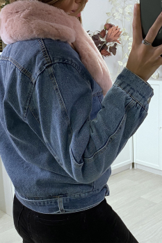 Veste courte jean Denim bleu, col en fourrure fantaisie rose