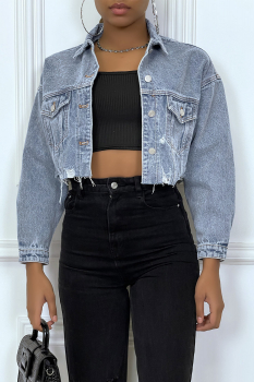 Veste en jeans courte effet destroy, top qualité