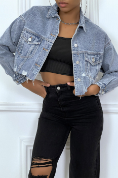 Veste en jeans courte effet destroy, top qualité