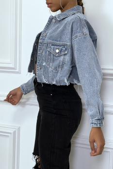 Veste en jeans courte effet destroy, top qualité