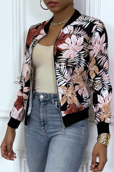 Veste fluide et légère, noir/camel, modèle bomber, motif nature
